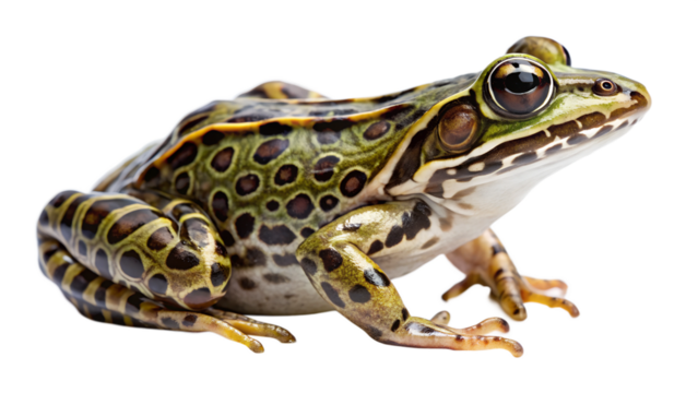 Detailed view of leopard frog with distinctive pattern and vibrant colors, isolated, transparent PNG file