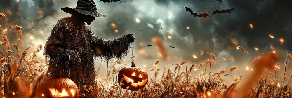 Wall mural A spooky Halloween scene featuring a scarecrow in a field of pumpkins, with bats flying overhead and a stormy sky in the background. The image evokes feelings of mystery, fear, and the spirit of Hallo