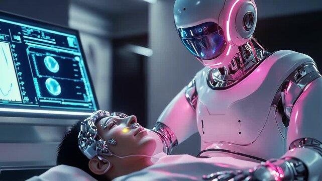 robot at a patient's bedside in the clinic of the future, robot cyborg