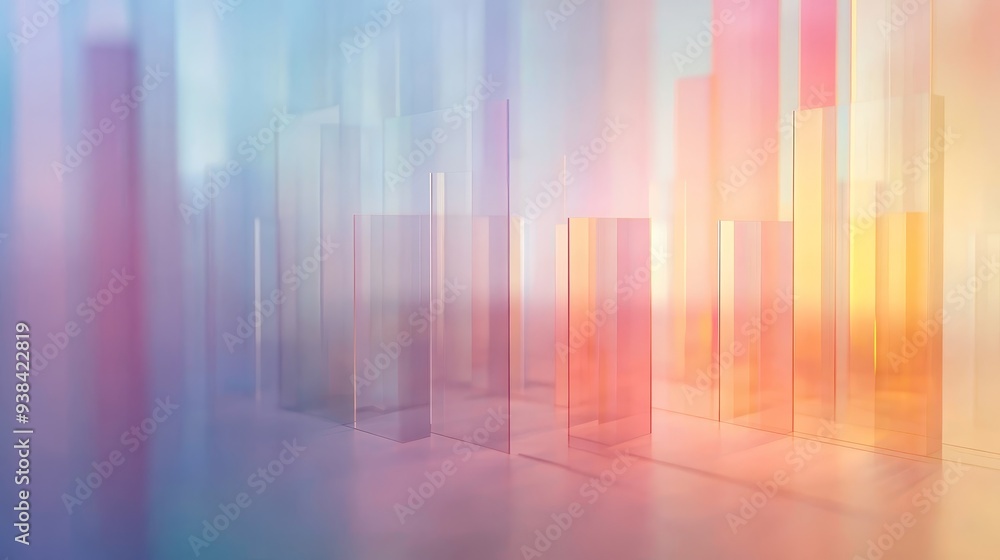 Wall mural A surreal cityscape with translucent glass towers in a soft pastel color palette. The towers symbolize growth, progress, and urban development. The transparent nature suggests openness, clarity, and t