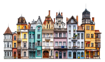 PNG Colorful vintage buildings in an urban landscape