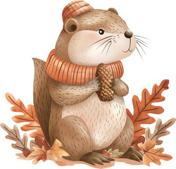 Autumn illustration with cute animals and cozy objects, autumn leaves in soft pastel colors.
