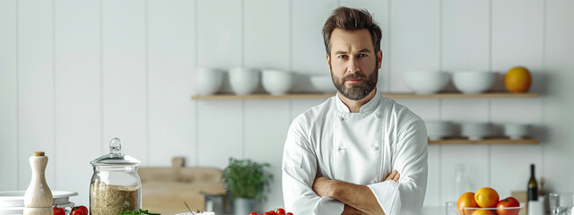 A confident chef standing with arms crossed in a modern kitchen, surrounded by fresh ingredients, exuding professionalism and expertise in a culinary setting