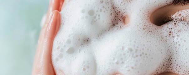 Close-up of foamy lather on a wet face, hydrating skincare, smooth and clean
