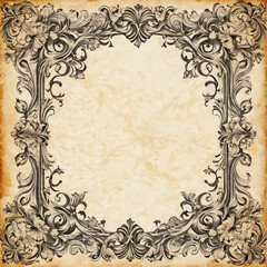 Crafted vintage scroll design, floral borders. Background showcases textured, aged paper appearance lending classic timeless feel. Invitation, announcement or decorative stationery. AI. Rococo baroque