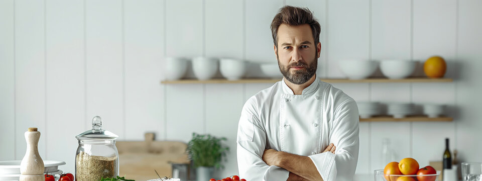 A confident chef standing with arms crossed in a modern kitchen, surrounded by fresh ingredients, exuding professionalism and expertise in a culinary setting