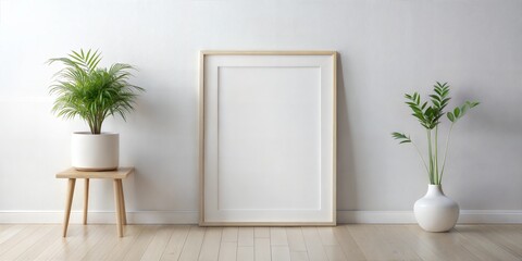 Elegant minimal interior with large empty frame, potted plants, and wooden floor, calm natural light