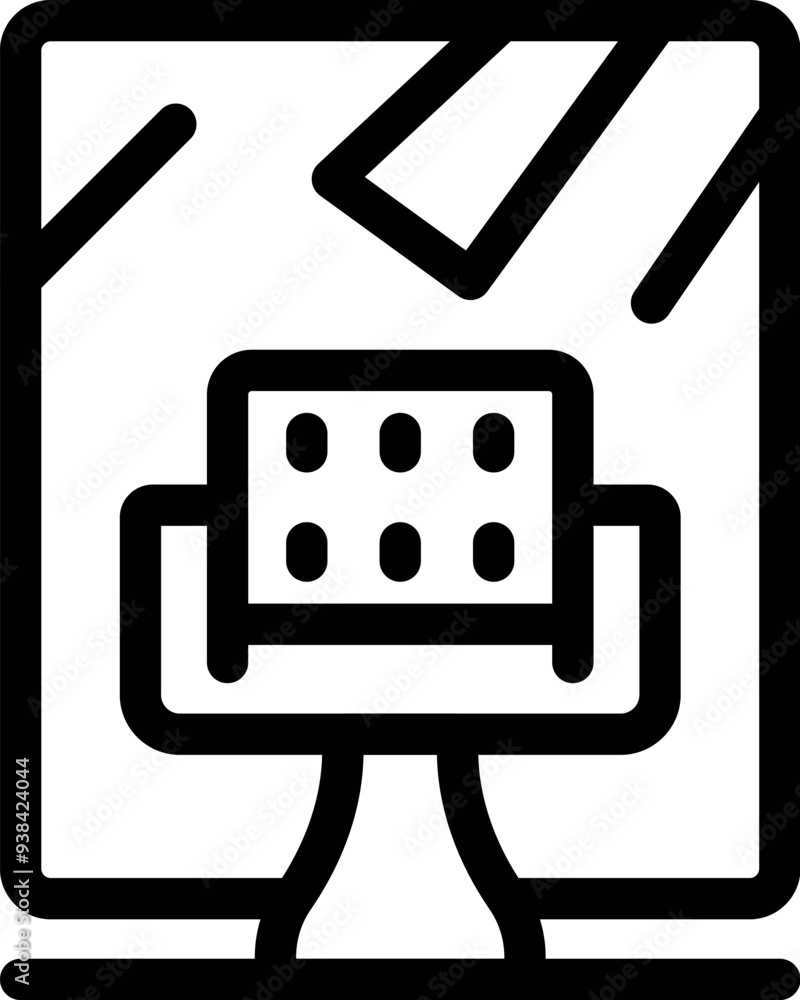 Poster line icon of a computer with a modern building project displayed on the screen, hinting at architect