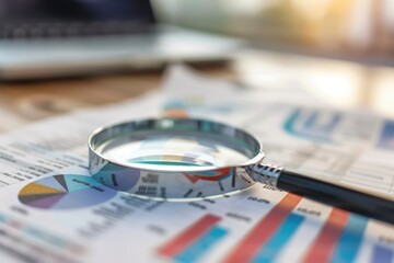 A magnifying glass is on top of a stack of papers with graphs and numbers, generative ai image