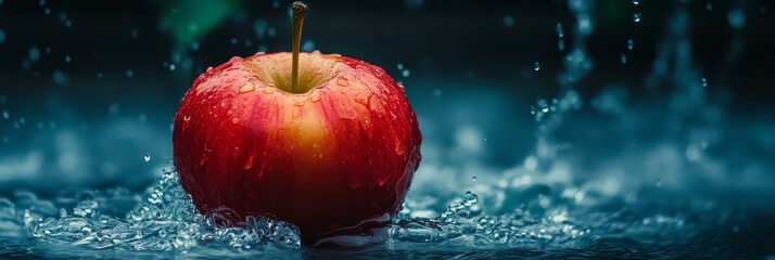 A vibrant red apple, perfectly ripe and glistening with water droplets, sits in a pool of clear water. The apple's smooth skin contrasts with the dynamic splashes, symbolizing freshness, vitality, and