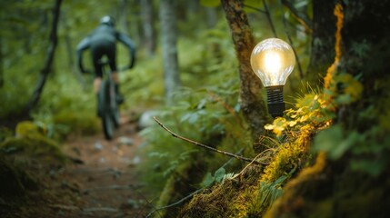 A light bulb glowing in a forest, with a blurred image of a cyclist in the background.