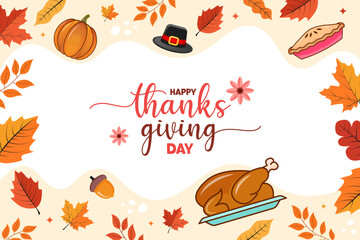 Happy thanksgiving day white wave background decorated with pumpkin, pie, hat, turkey, maple and colorful leaves. Sale, promotion banner design.