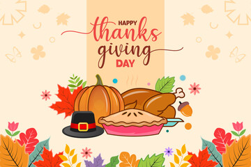 Happy thanksgiving day illustration background with colorful maple and leaves. Modern hand drawn pumpkin, turkey, pie and hat vector in soft color.