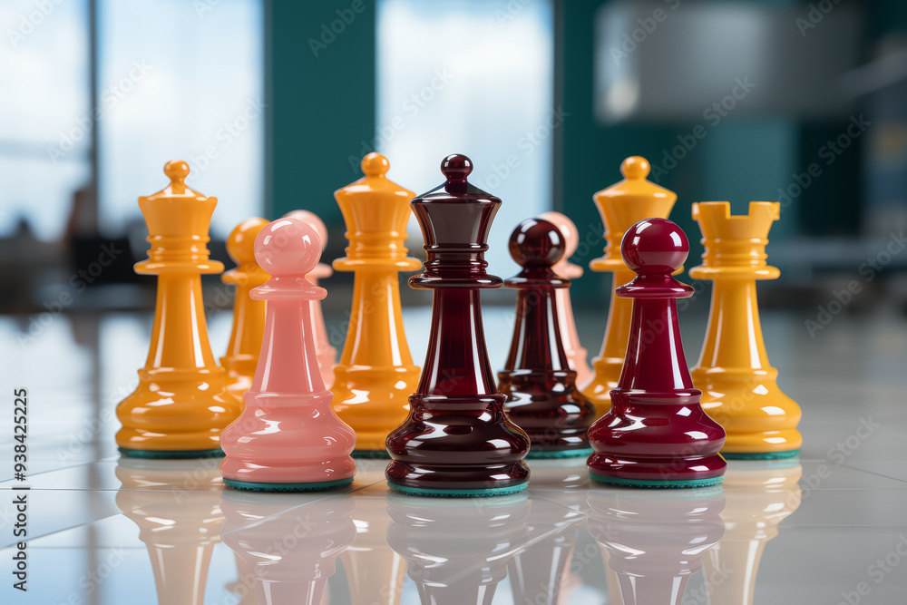Poster a chessboard with pieces of diverse sizes and shapes. concept of diversity and strategy. generative 