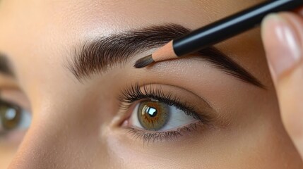 A woman meticulously defines her eyebrows using a brow pencil. Her focused expression emphasizes the precision and care involved in the makeup application process. The image symbolizes beauty, confide