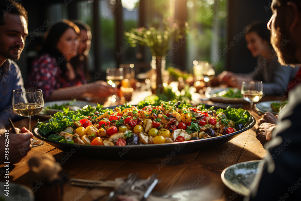 Poster a family sharing a meal around a large table. concept of unity and tradition. generative ai.