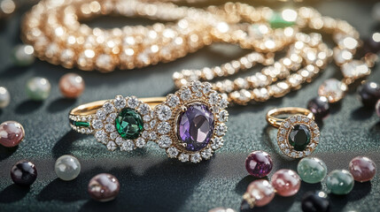 &ldquo;An elegant jewelry set featuring gemstones, presented in a product still life concept. The collage includes a ring, necklace, and earrings, showcasing the intricate designs and luxurious materials. 