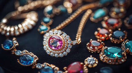 “An elegant jewelry set featuring gemstones, presented in a product still life concept. The collage includes a ring, necklace, and earrings, showcasing the intricate designs and luxurious materials. 
