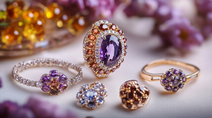 Fototapeta premium “An elegant jewelry set featuring gemstones, presented in a product still life concept. The collage includes a ring, necklace, and earrings, showcasing the intricate designs and luxurious materials. 