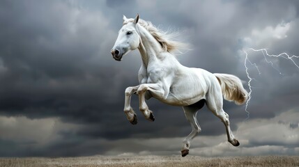 White horse leaps against a stormy sky with lightning striking.