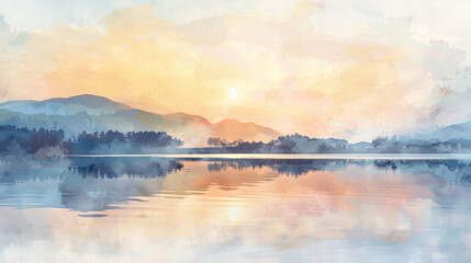 Fototapeta premium A serene watercolor landscape featuring soft mountains and a tranquil lake at sunset, embodying peace and natural beauty.
