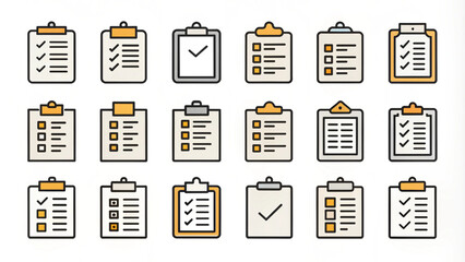 Checklist clipboards - set of flat linear icons, pixel perfect, editable stroke