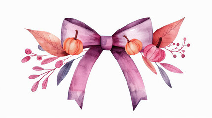 Fototapeta premium A beautiful watercolor illustration of a purple bow with autumn leaves and pumpkins, perfect for seasonal decor and invitations.