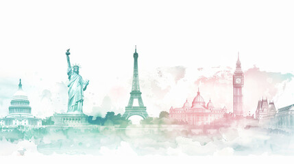 A beautiful watercolor skyline featuring iconic landmarks from around the world, blending colors in a dreamy composition.