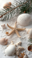 A winter-themed composition featuring a starfish, seashells, and pine branches on a snowy white surface, combining coastal and holiday elements for a festive decoration.