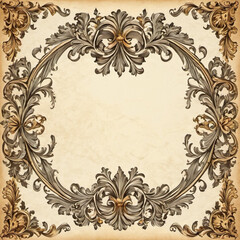 Crafted vintage scroll design, floral borders. Background showcases textured, aged paper appearance lending classic timeless feel. Invitation, announcement or decorative stationery. AI. Rococo baroque