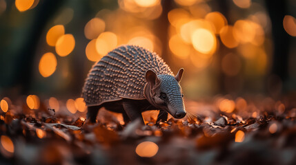 Pancernik przemierzający leśne poszycie pełne liści, sfotografowany przy zachodzącym słońcu, z rozproszonymi świetlnymi refleksami w tle.