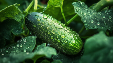 Świeży ogórek z kroplami wody, wkomponowany w zielone liście, symbolizujący naturalną świeżość i organiczne ogrodnictwo. © Sawyer0