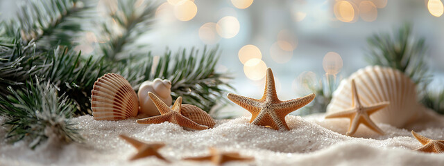 Seashells and starfish nestled in sand surrounded by pine branches, with soft, twinkling lights in the background, creating a festive coastal holiday scene.