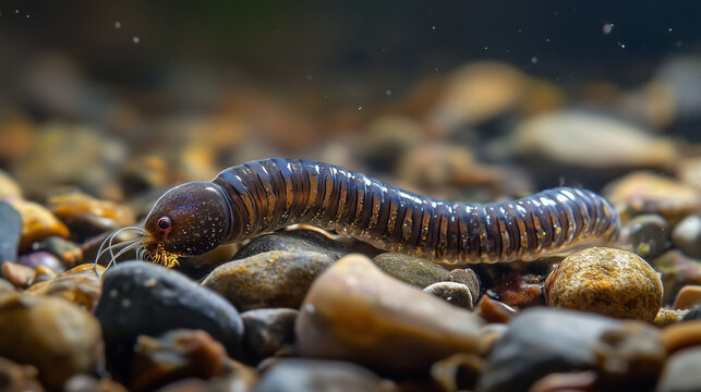 Zbliżenie na wodnego robaka odpoczywającego na żwirowym dnie, otoczonego czystą wodą, z wyraźnie widocznymi szczeg&oacute;łami i naturalnym ubarwieniem.