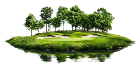 PNG Lush golf course landscape with water reflections