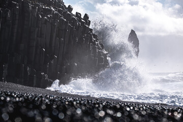 Waves Crashing on Basalt Columns at Reynisfjara Beach