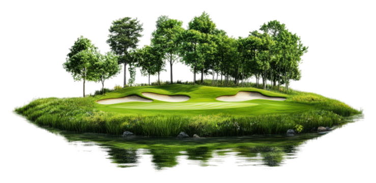 PNG Lush golf course landscape with water reflections