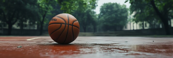 A basketball rests on a wet outdoor court, with green trees blurred in the background. This image evokes themes of sport, nature, resilience, and the challenges of playing in difficult conditions.