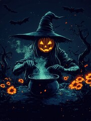 Spooky Halloween Witch with Jack-O-Lantern Head Brewing a Potion in a Haunted Forest Surrounded by Bats and Glowing Flowers