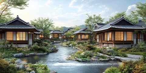 Fototapeta premium Serene Traditional East Asian Village with Tranquil Stream and Lush Greenery Under a Clear Sky in Scenic Countryside Setting
