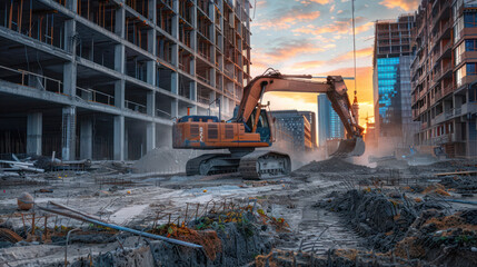A powerful excavator is digging in the ground of an unfinished building, surrounded by concrete walls and steel frames under construction