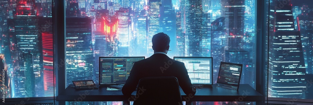 Poster A businessman sits at his desk, facing a window with a view of a city skyline lit up at night. He is working late on his computer, symbolizing dedication, hard work, and ambition. The city lights repr