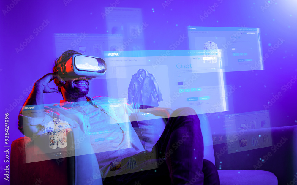 Aufkleber caucasian man choosing and selecting product for shopping list while wearing visual reality goggles.