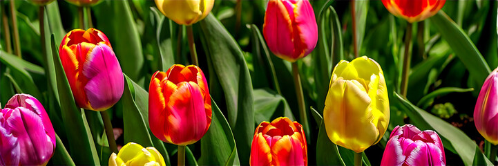 Naklejka premium panorama, landscapes, flower, tulip, red, blossom, nature, plant, yellow, spring, colorful, green, bloom, field, gardening, summer
