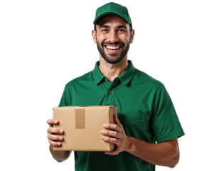 Delivery Service Personnel in Green Shirt and Cap, With Package png