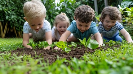 Fototapeta premium Four diverse young children smiling while planting small green seedlings in a garden soil bed on a lush green lawn.