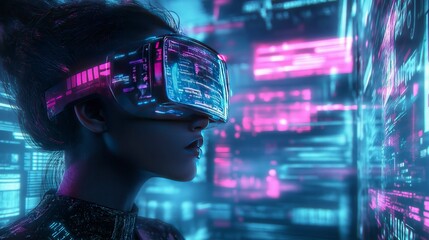 Woman with futuristic glasses looks at a screen with blue and pink digital code in a dark futuristic setting.