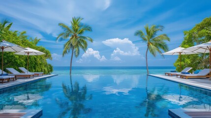 A resort pool with lounge chairs and umbrellas, overlooking the blue ocean.