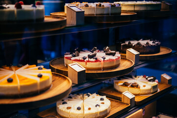 Different kinds of cakes on sale in a bakery or a coffee shop.