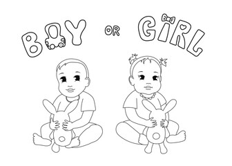 Baby boy and girl outline vector illustration. Hand drawn vector lettering of words BOY and GIRL. Isolated on white. Cute baby boy and girl with bunny toy. Design for gender party and baby shower.